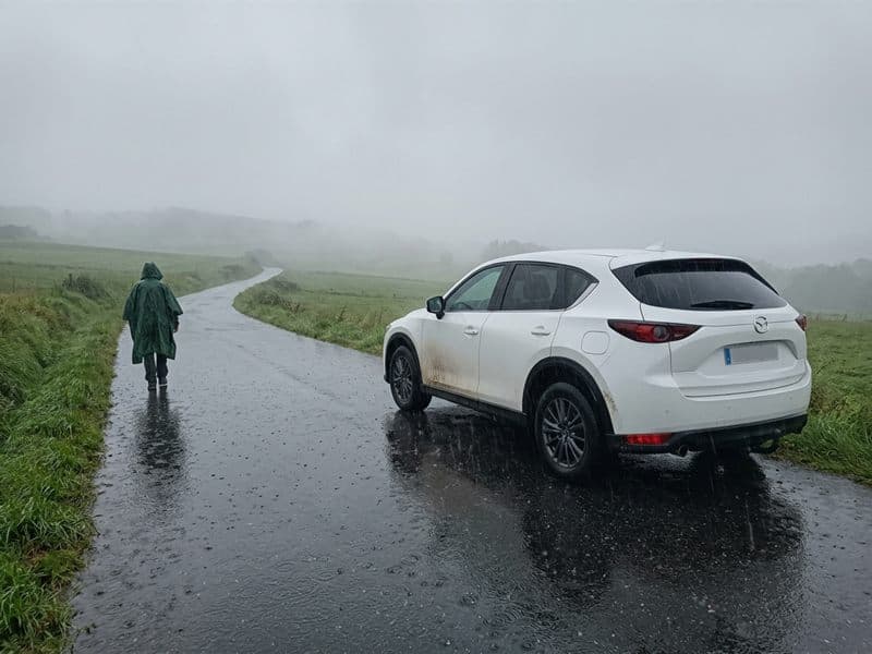Taxi esperando bajo la lluvia a un peregrino en una carretera de Lugo