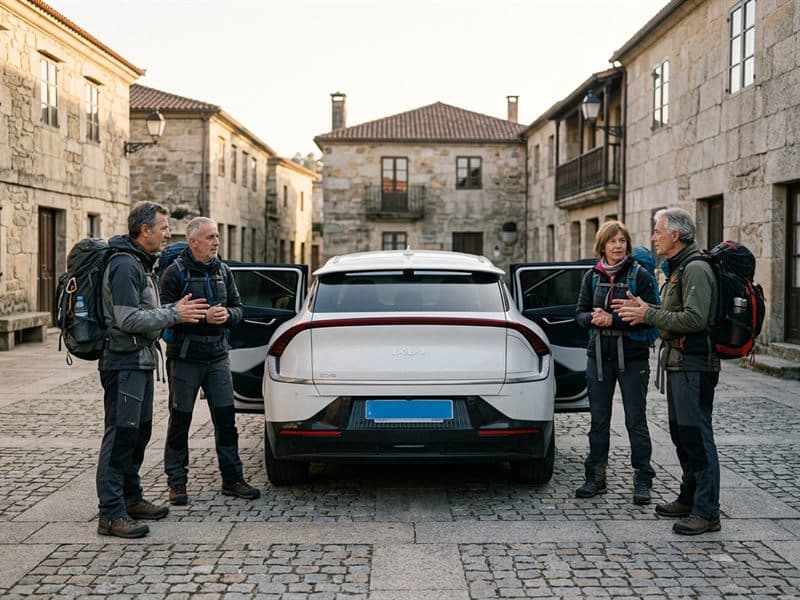 Cuatro peregrinos junto al taxi de Taxi Ribeira Sacra antes de subir