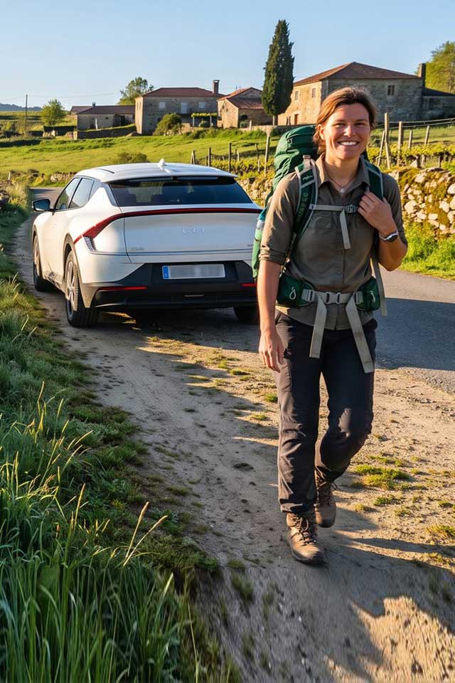 Peregrina retomando su etapa del Camino en la Ribeira Sacra tras dejarla el taxi