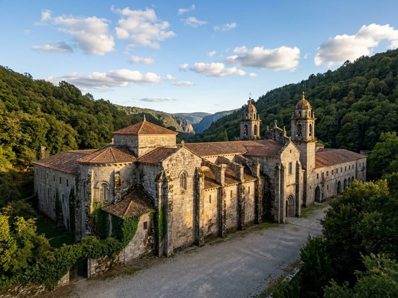 Monasterio de Santo Estevo de Ribas de Sil encajado en la ladera del cañón del Sil