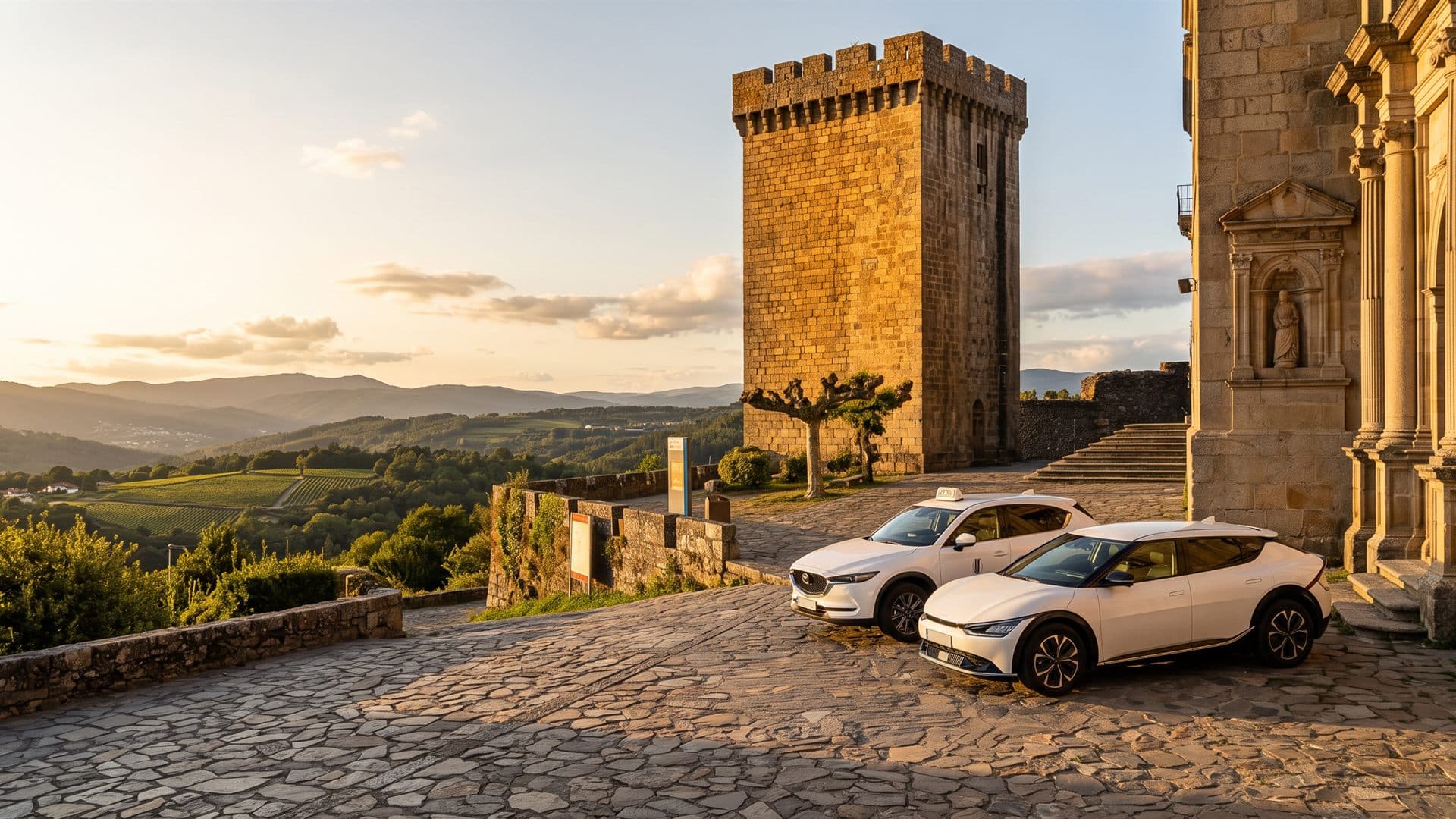 Taxis de Taxi Ribeira Sacra junto a la Torre da Homenaxe de Monforte de Lemos al atardecer